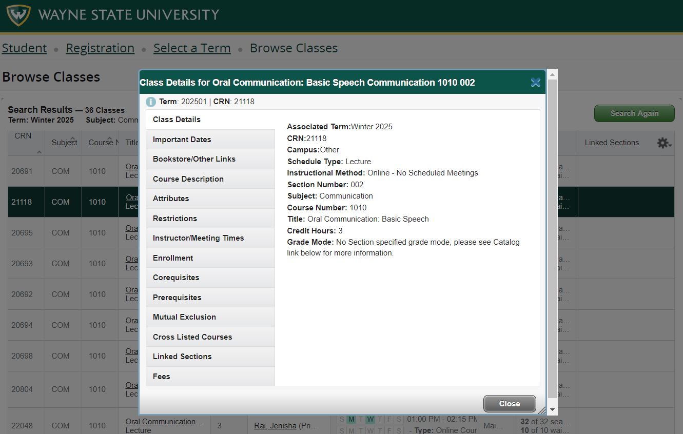 Class Details panel showing deadlines